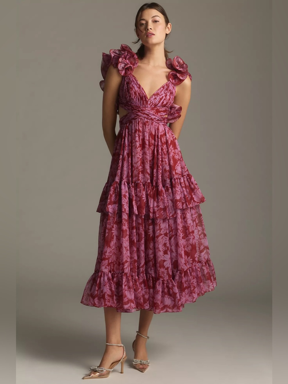 Mac Duggal Sleeveless V-Neck Tiered Ruffled Chiffon Midi Dress